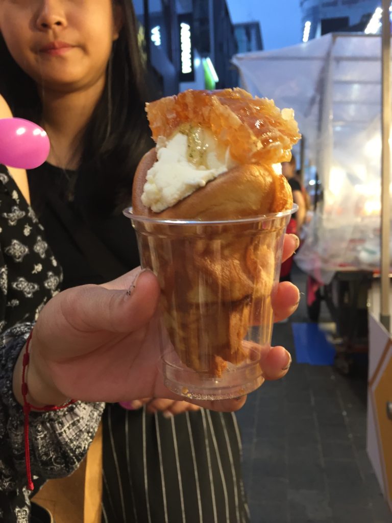Bungeoppang: carp shaped sweet bread stuffed with ice cream and fresh honey comb 
